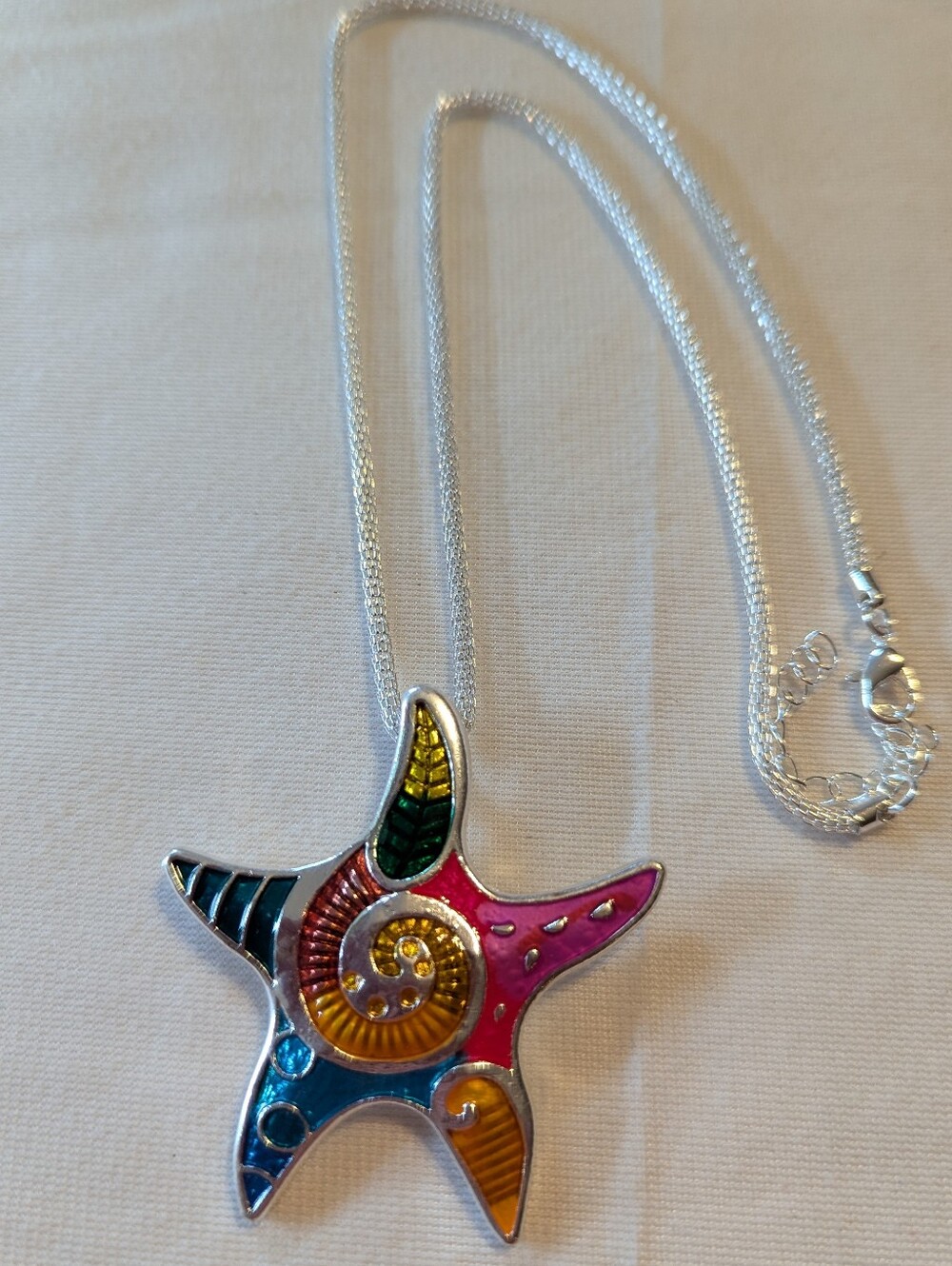Colorful Starfish Pendant With Silvertone Necklace